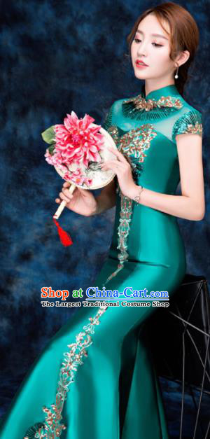 Chinese Traditional Embroidered Sequins Green Qipao Dress Compere Cheongsam Costume for Women