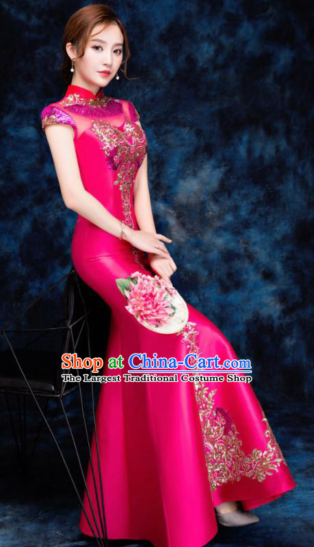 Chinese Traditional Embroidered Sequins Rosy Qipao Dress Compere Cheongsam Costume for Women