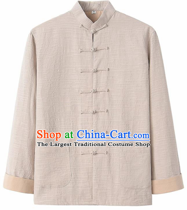Chinese National Tang Suit Beige Flax Jacket Overcoat Traditional Martial Arts Costumes for Men