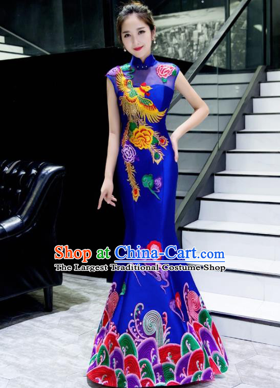 Chinese Traditional Embroidered Phoenix Peony Royalblue Qipao Dress Compere Cheongsam Costume for Women