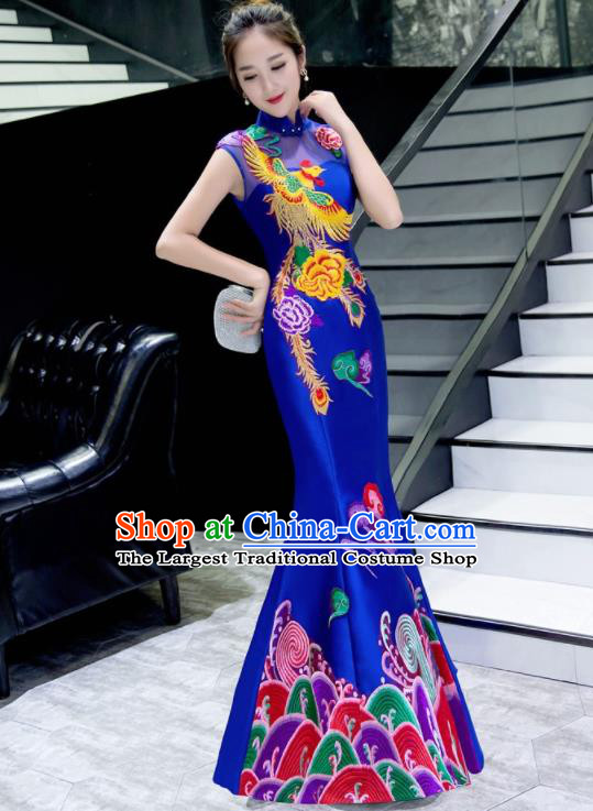 Chinese Traditional Embroidered Phoenix Peony Royalblue Qipao Dress Compere Cheongsam Costume for Women