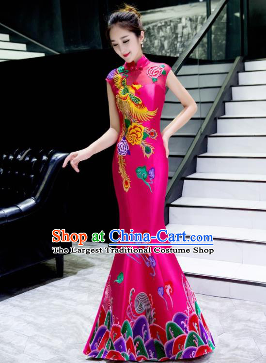 Chinese Traditional Embroidered Phoenix Peony Rosy Qipao Dress Compere Cheongsam Costume for Women