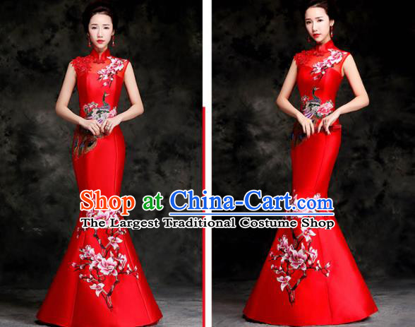 Chinese Traditional Embroidered Peacock Mangnolia Red Qipao Dress Compere Cheongsam Costume for Women
