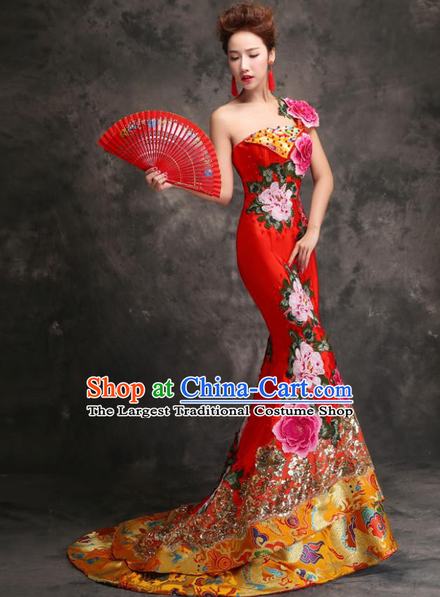 Chinese Traditional Embroidered Peony Red Trailing Qipao Dress Compere Cheongsam Costume for Women
