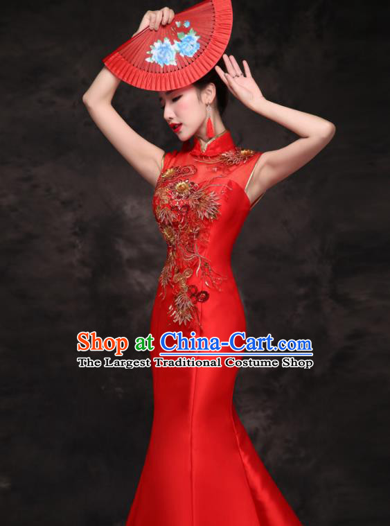 Chinese Traditional Wedding Embroidered Phoenix Red Qipao Dress Compere Cheongsam Costume for Women