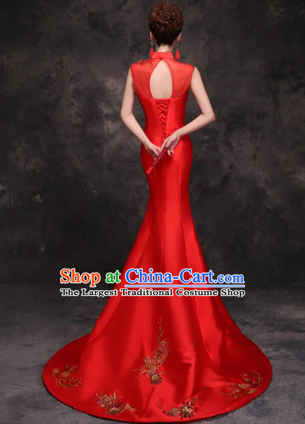 Chinese Traditional Wedding Embroidered Phoenix Red Qipao Dress Compere Cheongsam Costume for Women