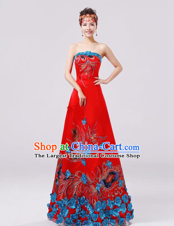 Chinese Traditional Wedding Bride Red Full Dress Compere Cheongsam Costume for Women