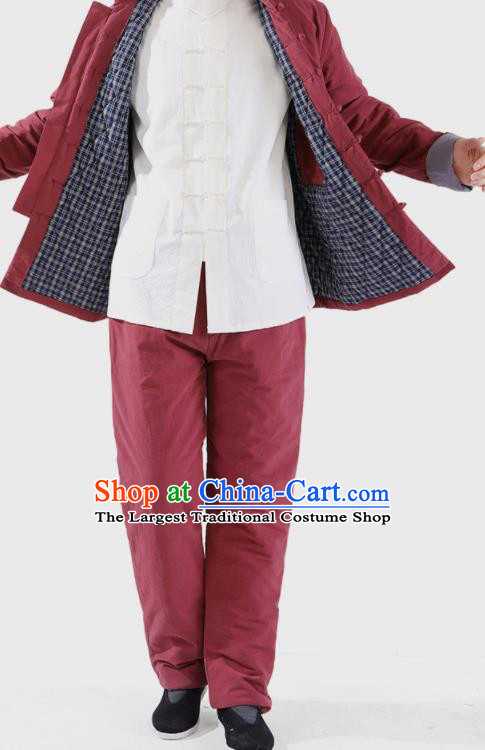 Chinese National Purplish Red Cotton Wadded Jacket and Pants Traditional Tang Suit Martial Arts Costumes Complete Set for Men