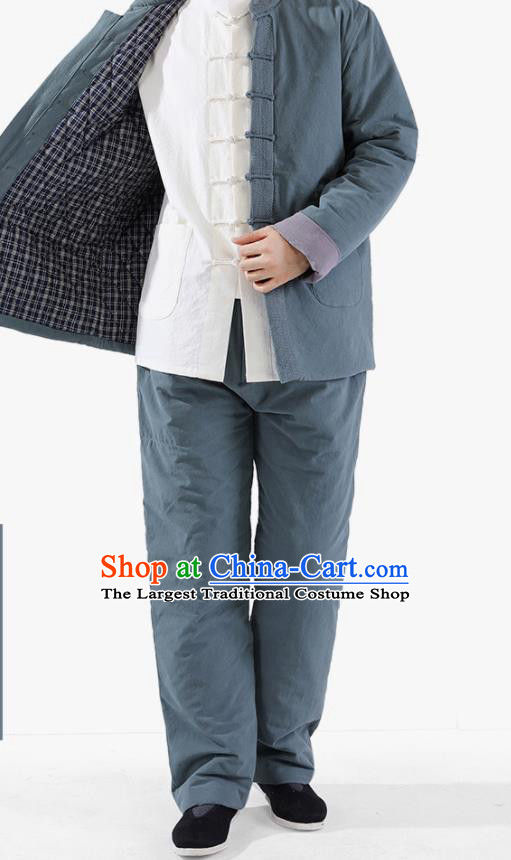 Chinese National Blue Cotton Wadded Jacket and Pants Traditional Tang Suit Martial Arts Costumes Complete Set for Men