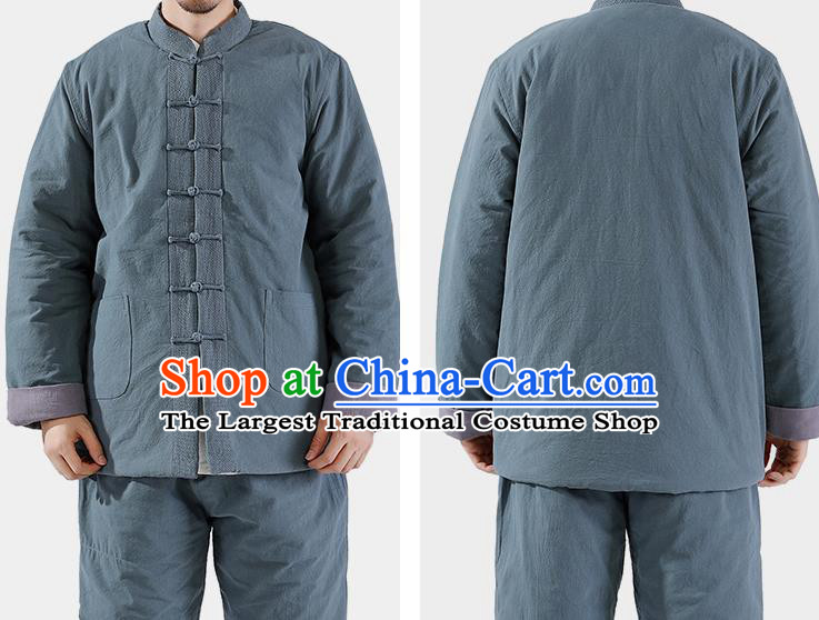 Chinese National Blue Cotton Wadded Jacket and Pants Traditional Tang Suit Martial Arts Costumes Complete Set for Men