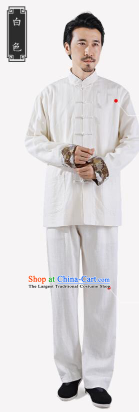 Chinese National White Flax Jacket and Pants Traditional Tang Suit Martial Arts Costumes Complete Set for Men