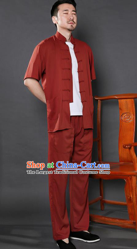 Chinese National Purplish Red Shirt and Pants Traditional Tang Suit Martial Arts Costumes Complete Set for Men