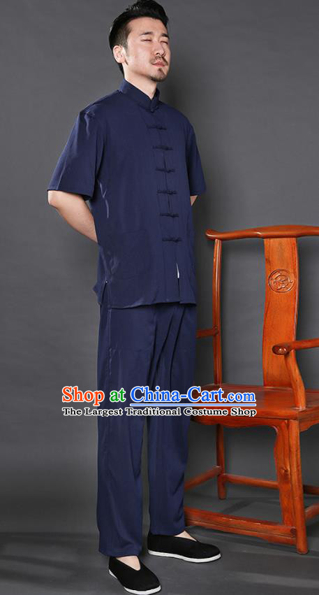 Chinese National Navy Shirt and Pants Traditional Tang Suit Martial Arts Costumes Complete Set for Men