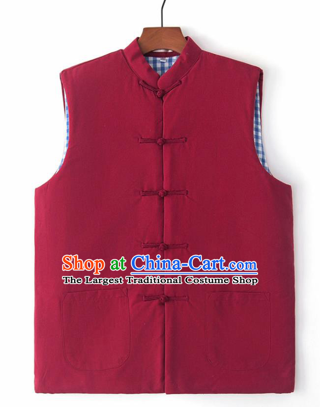Chinese National Tang Suit Wine Red Vest Traditional Martial Arts Waistcoat Costumes for Men