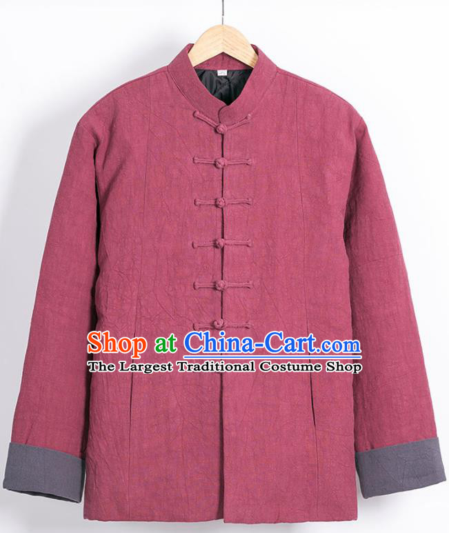 Chinese National Tang Suit Wine Red Cotton Wadded Jacket Traditional Martial Arts Overcoat Costumes for Men