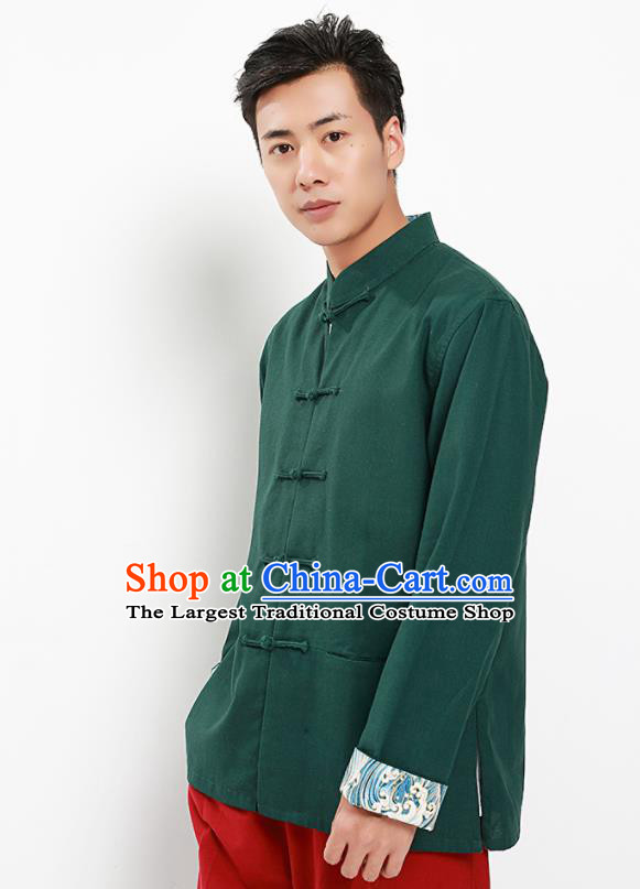 Chinese National Tang Suit Deep Green Flax Shirt Traditional Martial Arts Upper Outer Garment Costumes for Men