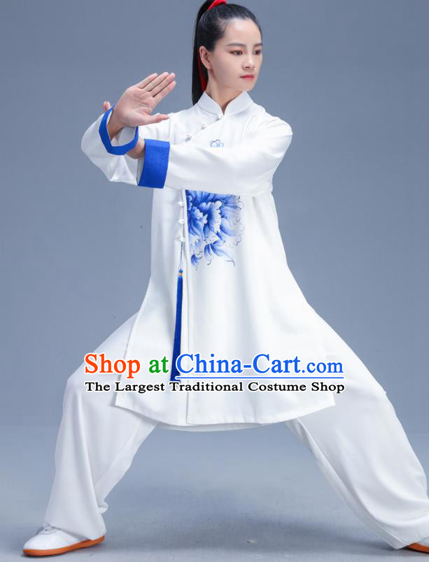 Chinese Traditional Kung Fu Competition Printing Peony White Garment Outfits Martial Arts Stage Show Costumes for Women