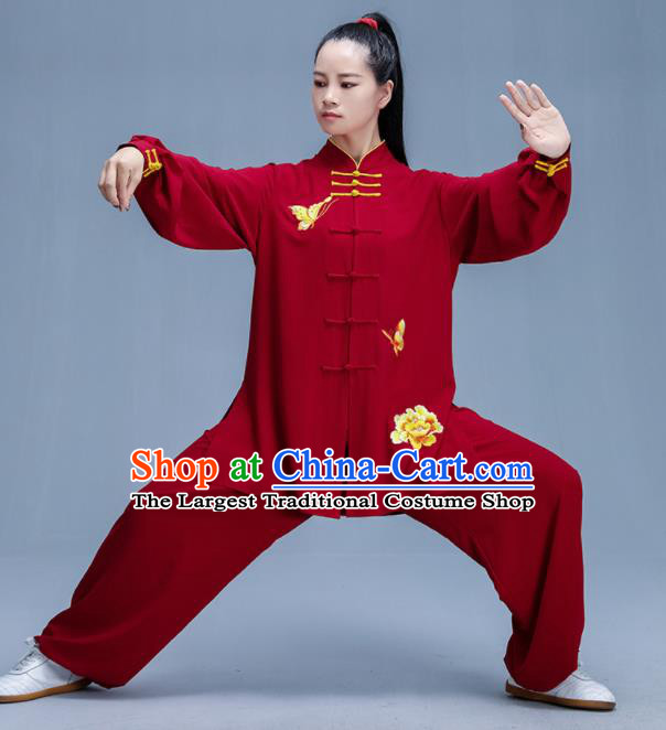 Chinese Traditional Kung Fu Printing Peony Wine Red Garment Outfits Martial Arts Stage Show Costumes for Women