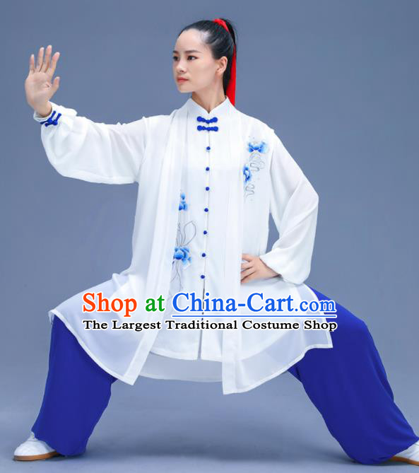 Chinese Traditional Kung Fu Embroidered Blue Peony Garment Outfits Martial Arts Stage Show Costumes for Women