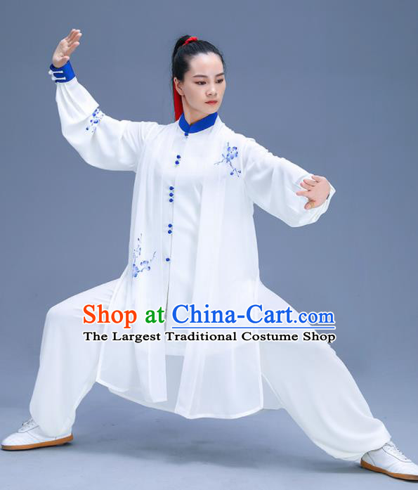 Chinese Traditional Kung Fu Training Printing Plum Blossom White Garment Outfits Martial Arts Stage Show Costumes for Women