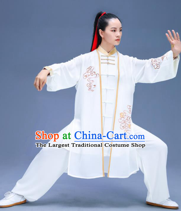 Chinese Traditional Kung Fu Training Printing Clouds White Garment Outfits Martial Arts Stage Show Costumes for Women