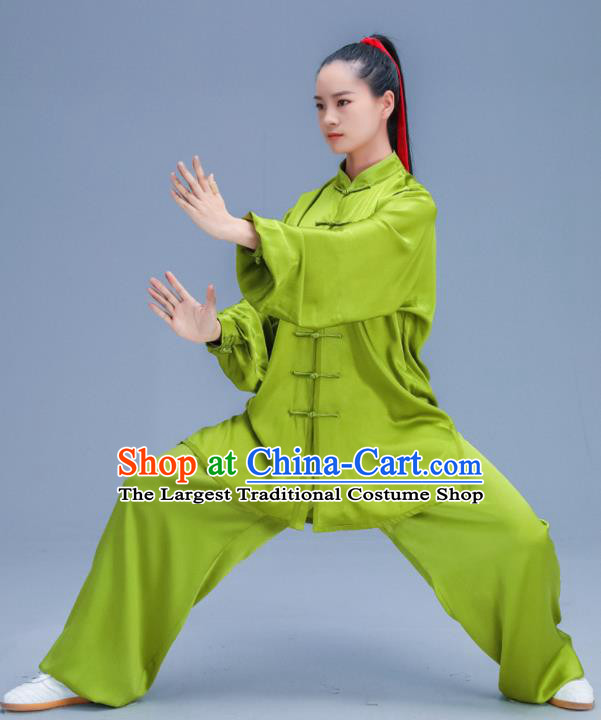 Chinese Traditional Kung Fu Training Green Silk Garment Outfits Martial Arts Stage Show Costumes for Women