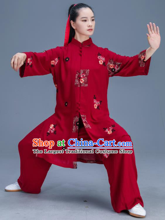 Chinese Traditional Kung Fu Tai Chi Training Printing Wine Red Garment Outfits Martial Arts Stage Show Costumes for Women