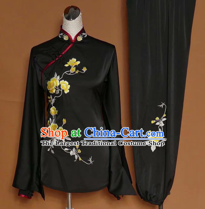 Chinese Tai Chi Embroidered Peony Black Silk Garment Outfits Traditional Kung Fu Martial Arts Training Costumes for Women