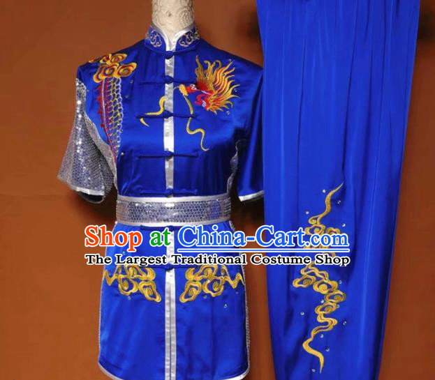 Chinese Tai Chi Changquan Embroidered Dragon Royalblue Garment Outfits Traditional Kung Fu Martial Arts Costumes for Adult