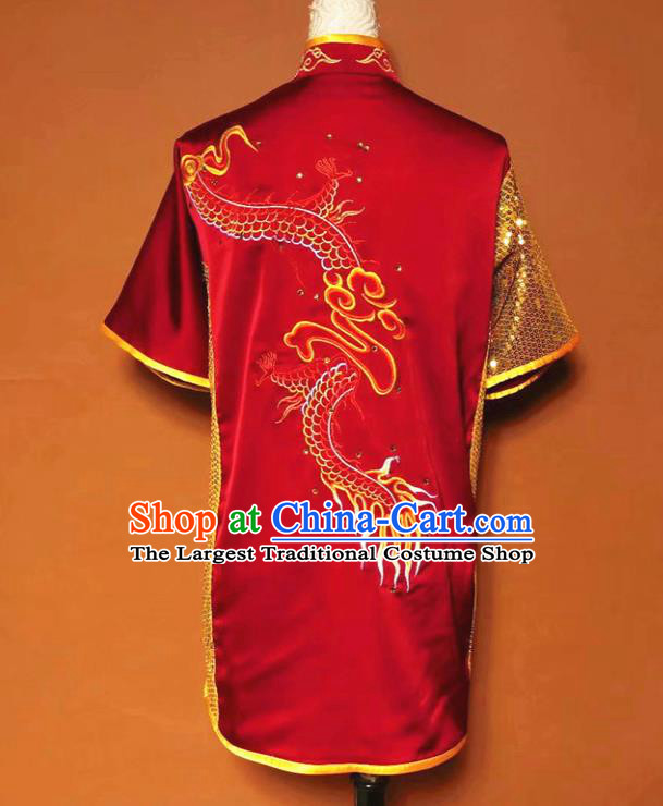 Chinese Tai Chi Changquan Embroidered Dragon Purplish Red Garment Outfits Traditional Kung Fu Martial Arts Costumes for Adult