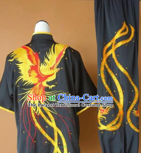 Chinese Tai Chi Changquan Embroidered Phoenix Black Garment Outfits Traditional Kung Fu Martial Arts Costumes for Adult