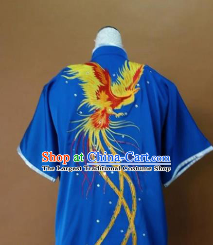 Chinese Tai Chi Changquan Embroidered Phoenix Royalblue Garment Outfits Traditional Kung Fu Martial Arts Costumes for Adult