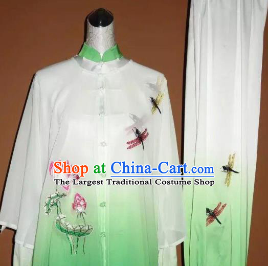 Chinese Tai Chi Changquan Embroidered Dragonfly Lotus Green Garment Outfits Traditional Kung Fu Martial Arts Costumes for Adult