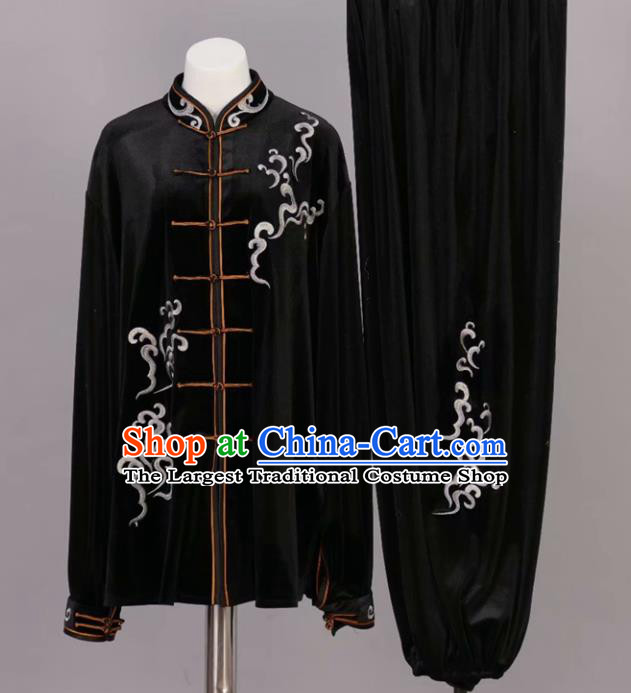 Chinese Tai Chi Black Velvet Garment Outfits Traditional Kung Fu Martial Arts Training Costumes for Adult