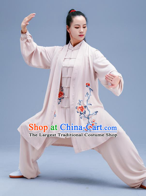 Chinese Traditional Kung Fu Embroidered Peony Beige Outfits Martial Arts Competition Costumes for Women