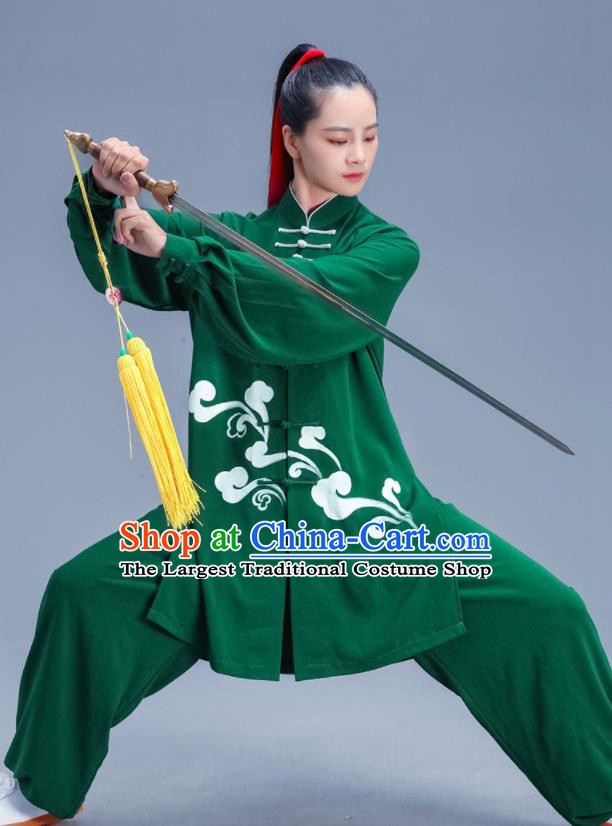 Chinese Traditional Kung Fu Competition Printing Green Outfits Martial Arts Stage Show Costumes for Women