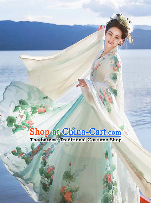 Traditional Chinese Embroidered Lotus Blue Hanfu Dress Ancient Goddess Empress Costumes for Women