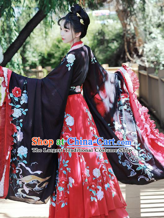 Traditional Chinese Embroidered Peony Red Hanfu Dress Ancient Princess Goddess Empress Costumes for Women