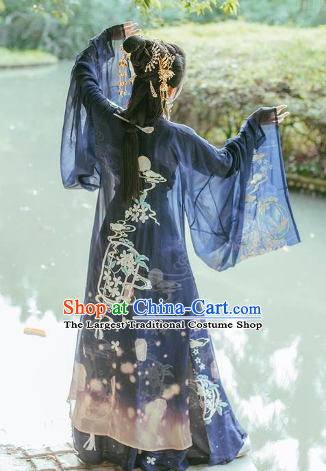 Traditional Chinese Tang Dynasty Imperial Consort Embroidered Navy Hanfu Dress Ancient Empress Costumes for Women