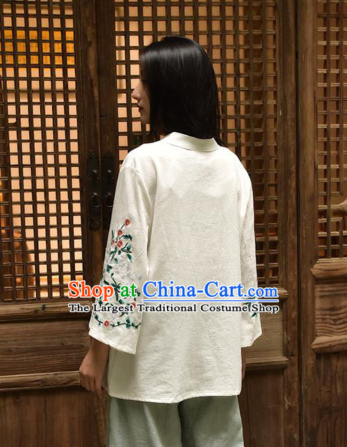 Chinese Tai Chi Embroidered White Flax Blouse Traditional Tang Suit Costume for Women