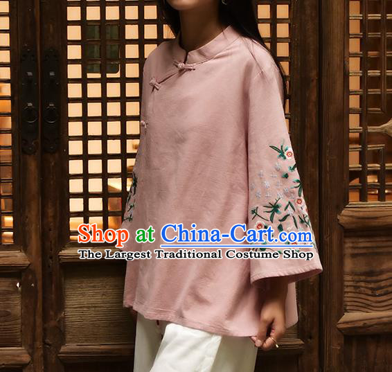 Chinese Tai Chi Embroidered Pink Flax Blouse Traditional Tang Suit Costume for Women