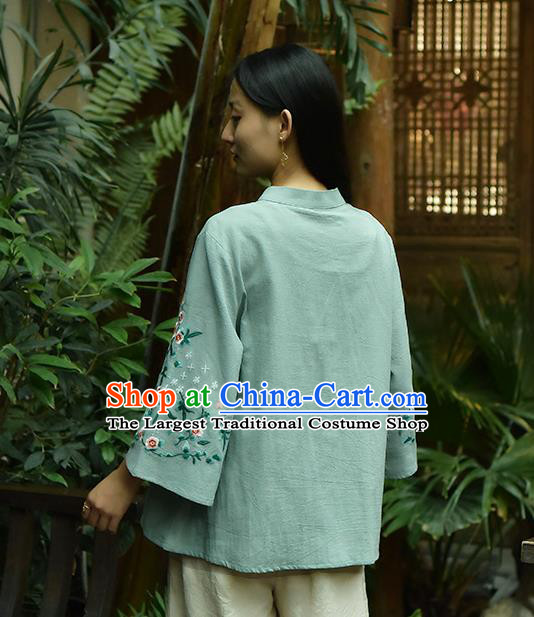 Chinese Tai Chi Embroidered Green Flax Blouse Traditional Tang Suit Costume for Women