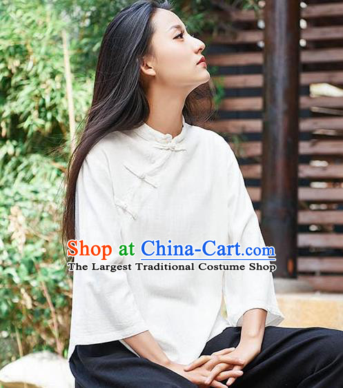 Chinese Tang Suit White Flax Slant Opening Blouse Traditional Tai Chi Costume for Women