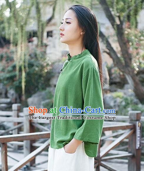 Chinese Tang Suit Green Flax Slant Opening Blouse Traditional Tai Chi Costume for Women