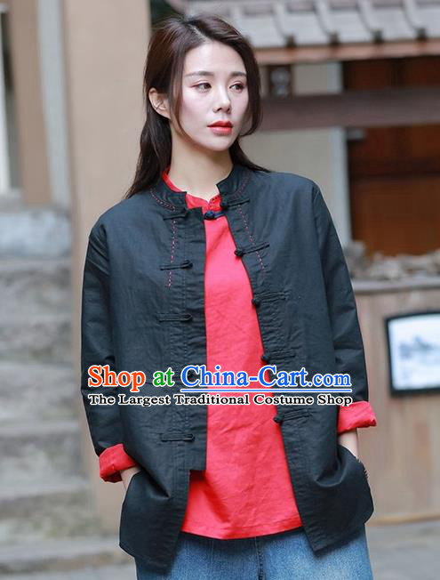 Chinese Tang Suit Black Jacket Upper Outer Garment Traditional Tai Chi Costume for Women