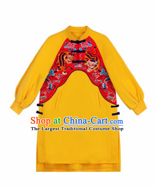 Chinese Traditional Embroidered Tiger Yellow Jacket National Overcoat Costumes for Women
