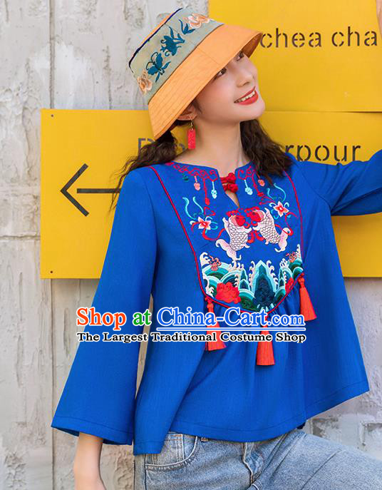 Chinese Embroidered Carps Royalblue Shirt Upper Outer Garment Traditional Tang Suit Costume for Women