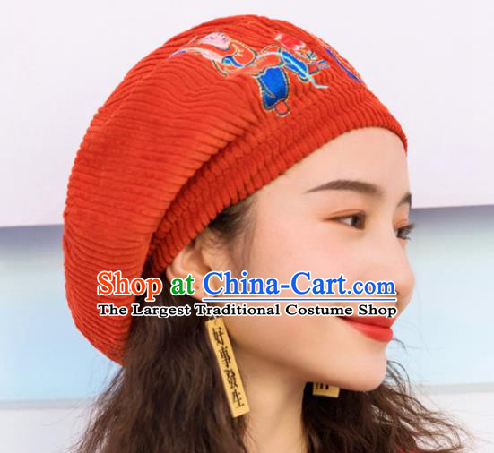 Chinese Traditional Embroidered Red Corduroy Hat National Beret Hat for Women