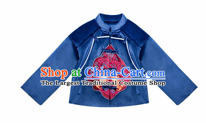 Chinese Traditional Embroidered Fish Blue Cotton Padded Jacket National Overcoat Costumes for Women