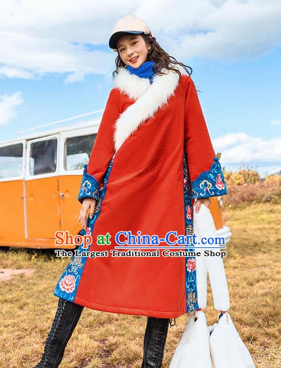 Chinese Traditional Embroidered Red Woolen Dust Coat National Overcoat Costumes for Women